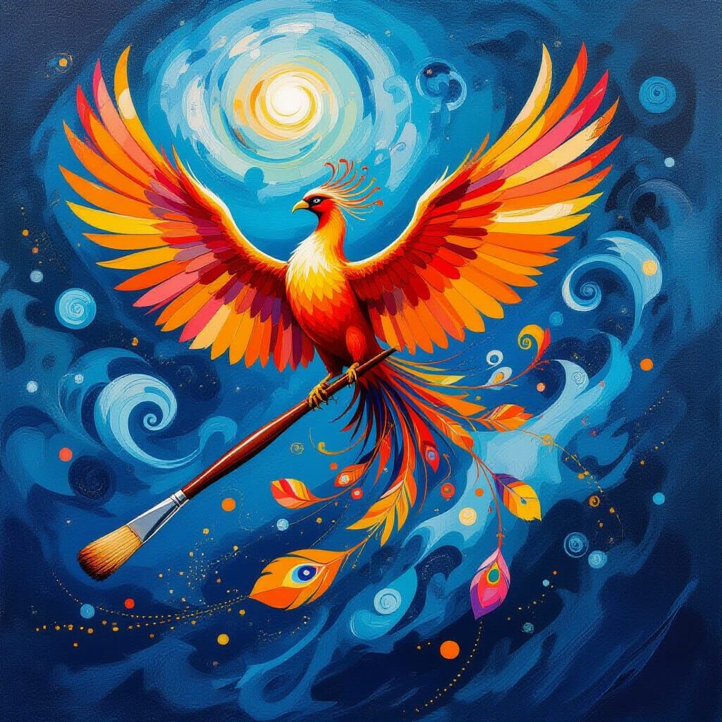Phoenix Amidst Swirling Shapes and Colors