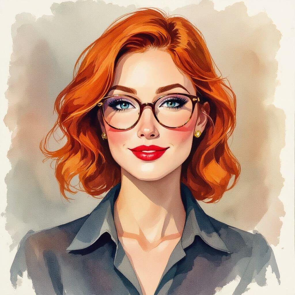 Charming Watercolor Portrait of a Red-Haired Woman