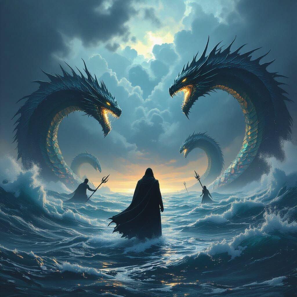 Mysterious Figure Guarded by Sea Monsters in Sci-Fi Style