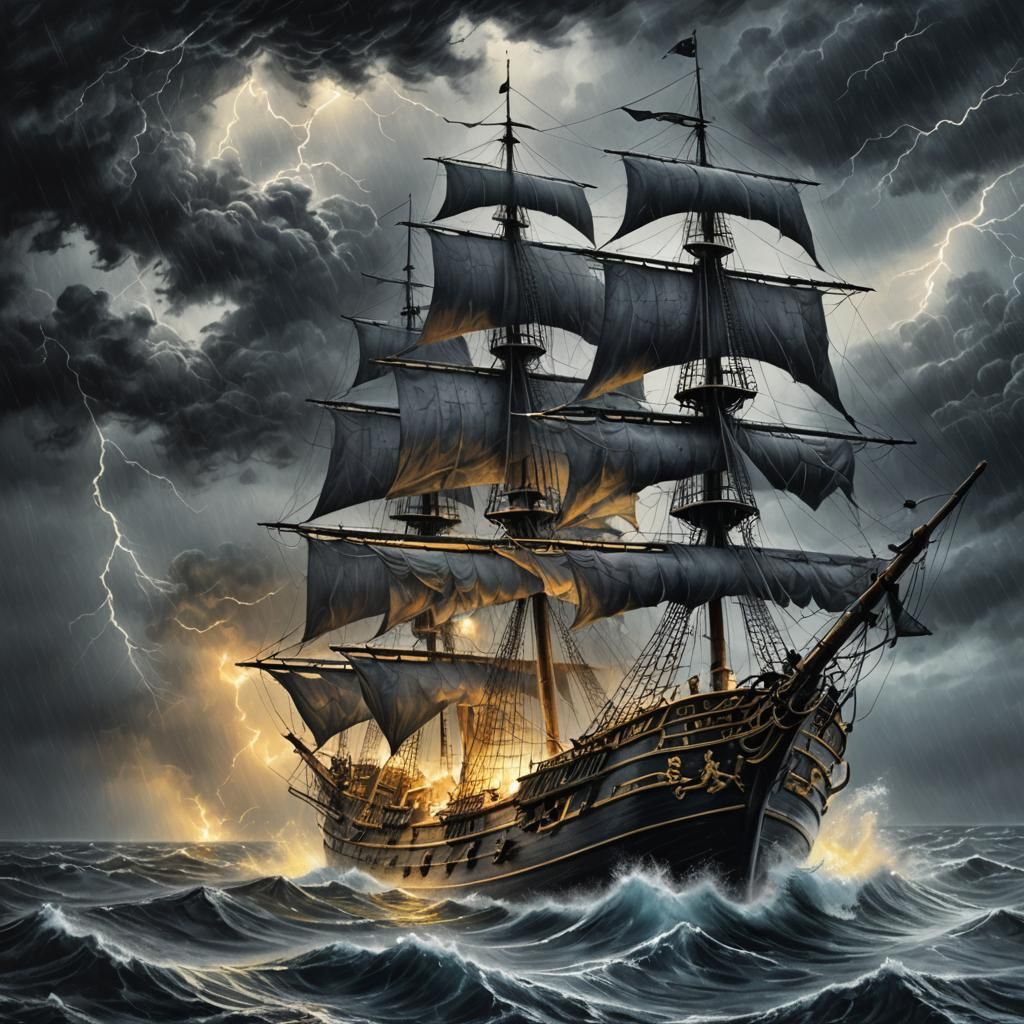 Pirate Ship in Storm: Expressive Charcoal Drawing