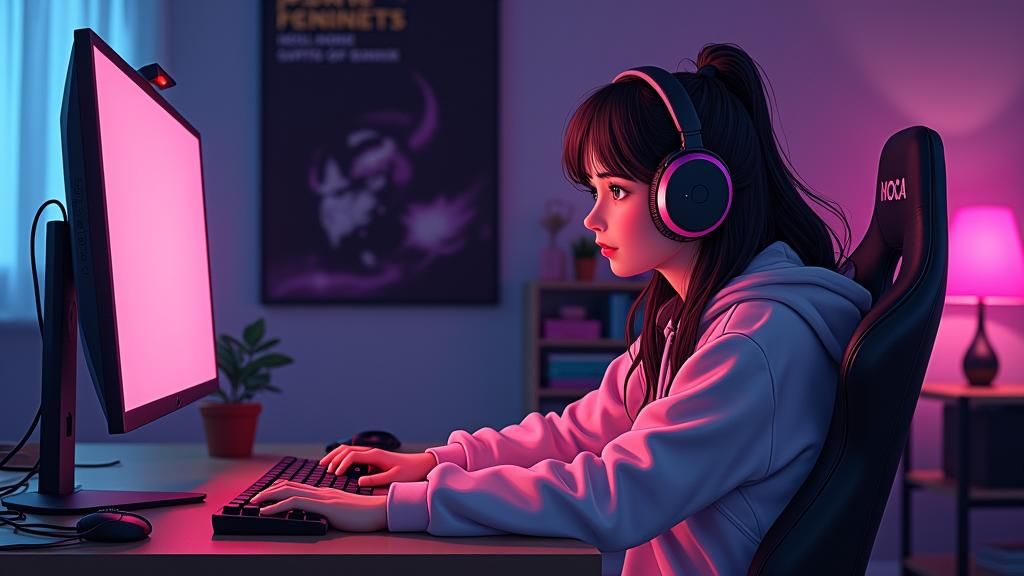 Anime Gamer Girl in Cozy Purple Room