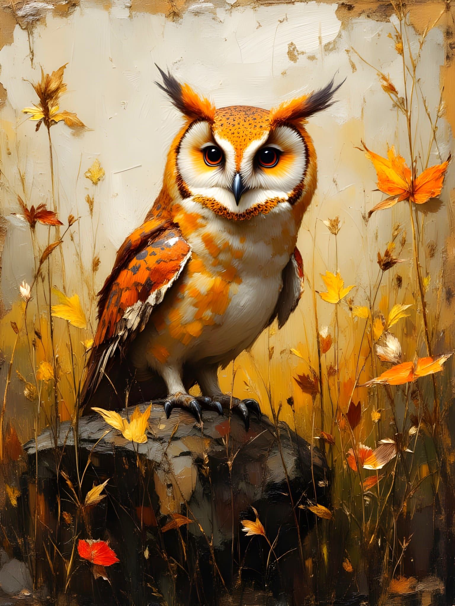 Golden Barn Owl in Dreamlike Landscape Painting