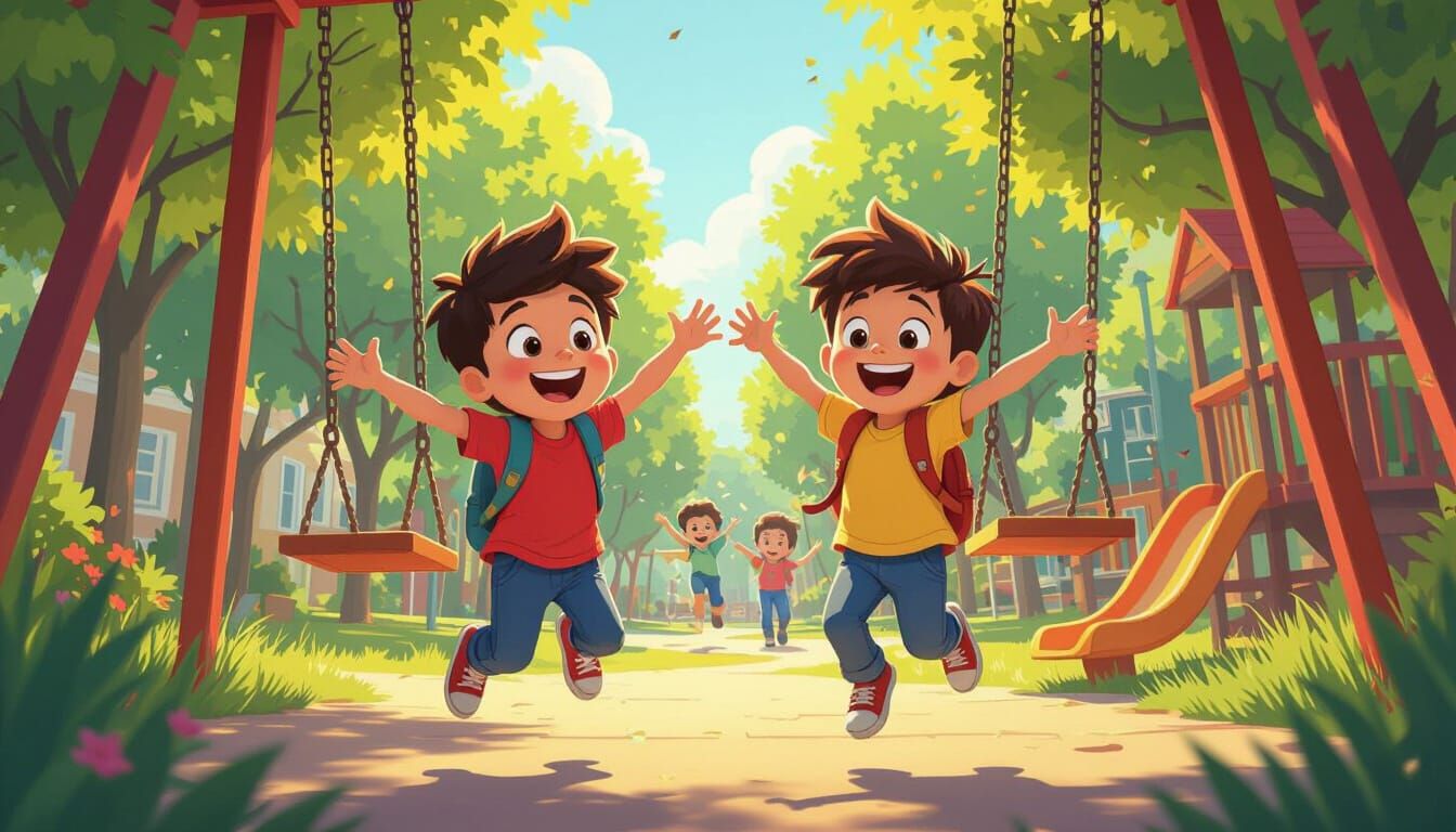 Joyful Cartoon Kids Jumping in a Vibrant Pixar-Style Park
