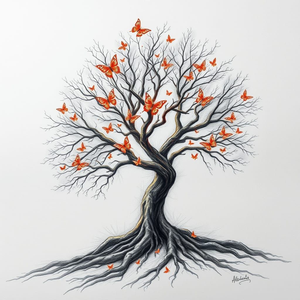 Fantastical Graphite Tree With Butterflies Detailed Matte Pa...