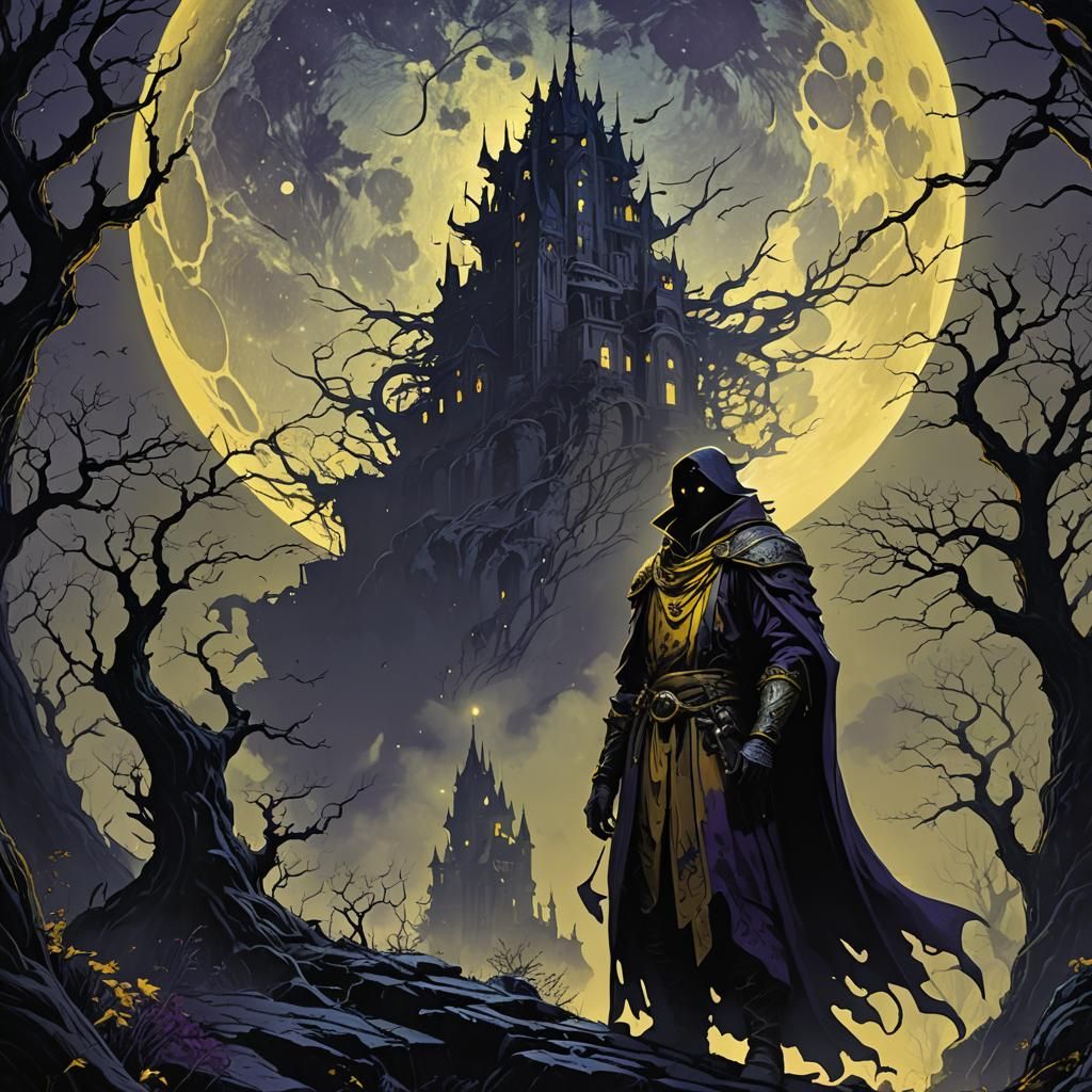 Mysterious Figure in Dark Fantasy Landscape