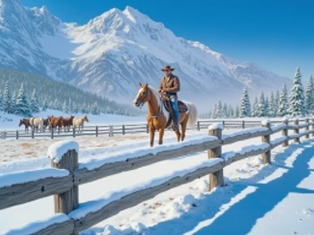 Cowboy on Horseback in Winter Landscape