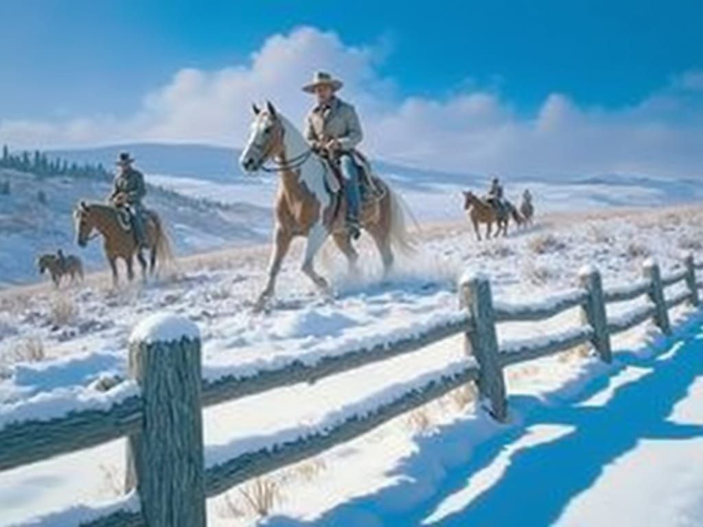 Cowboy on Horseback in Winter Landscape