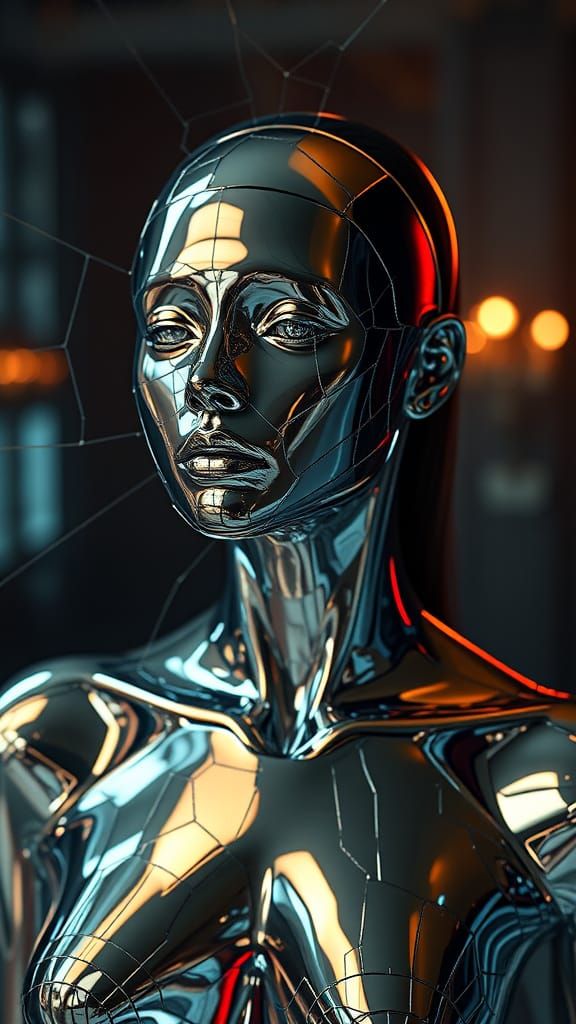 Cracked Mirror Woman Reflecting Lights in Hyperrealism