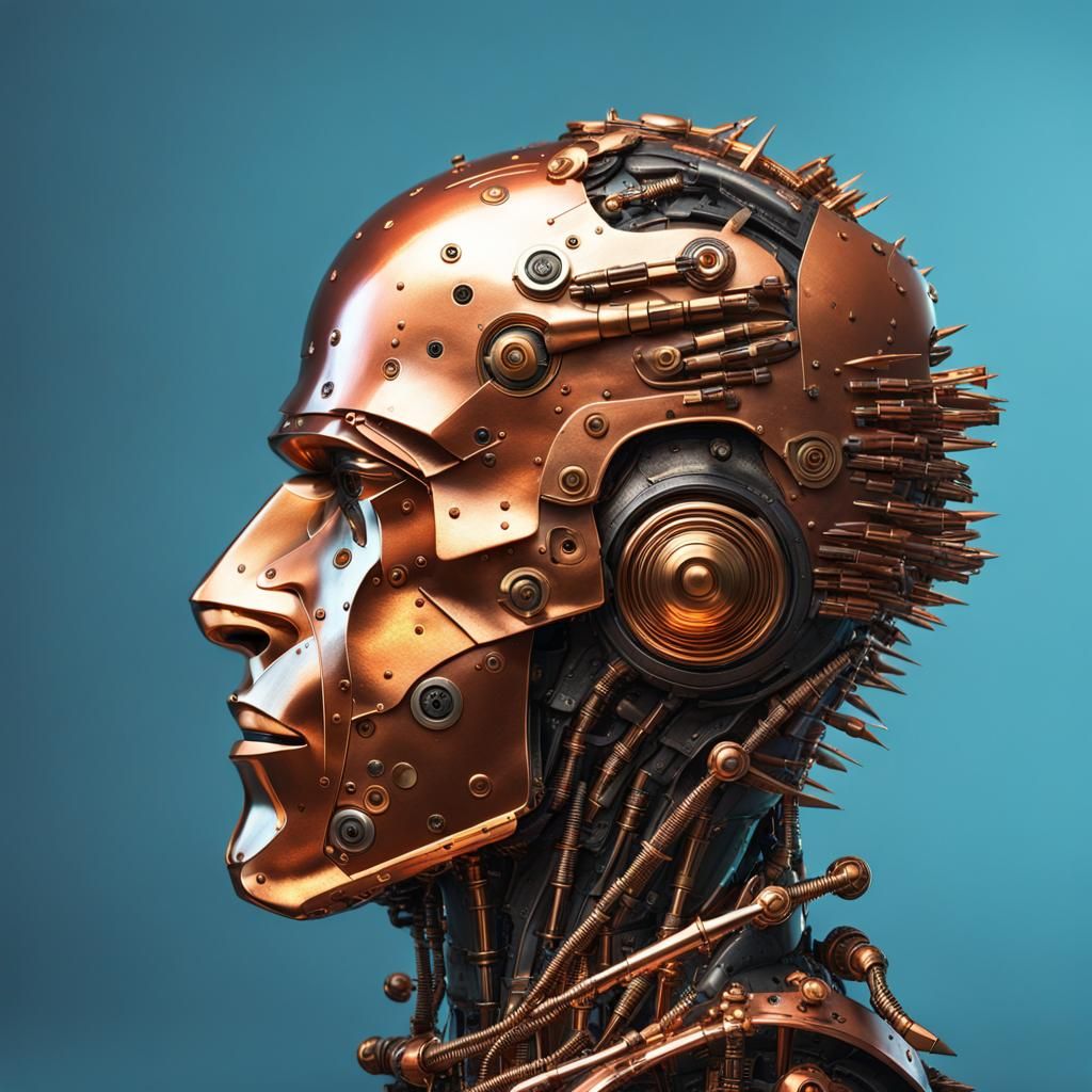 Copper and Brass Cyborg Robot Man in Profile