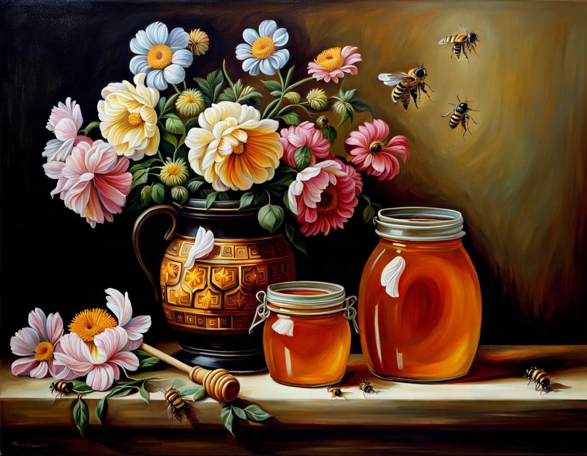 Peaceful Still Life with Honey, Flowers and Bees