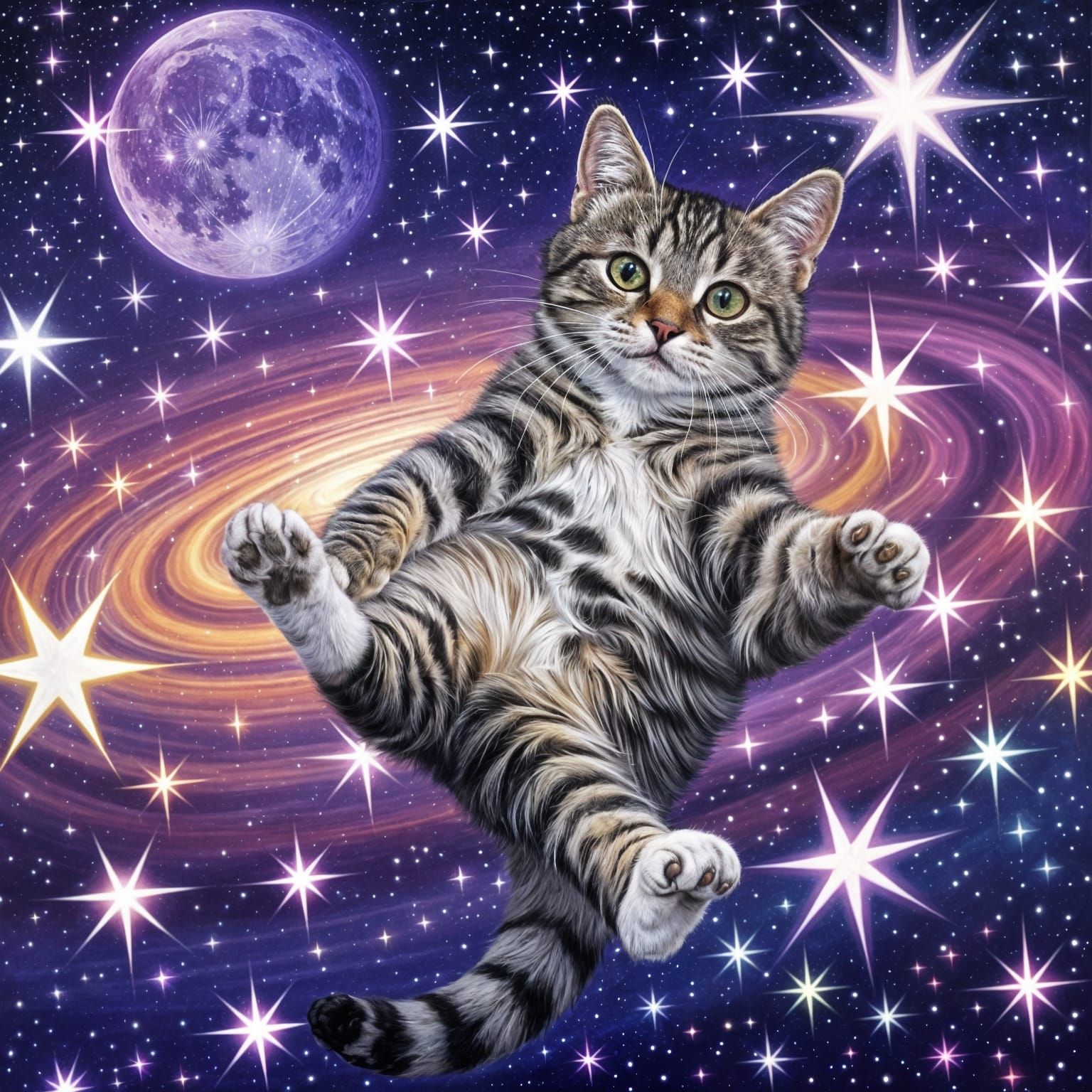 Cosmic Cat Pose in Psychedelic Sci-Fi Fantasy