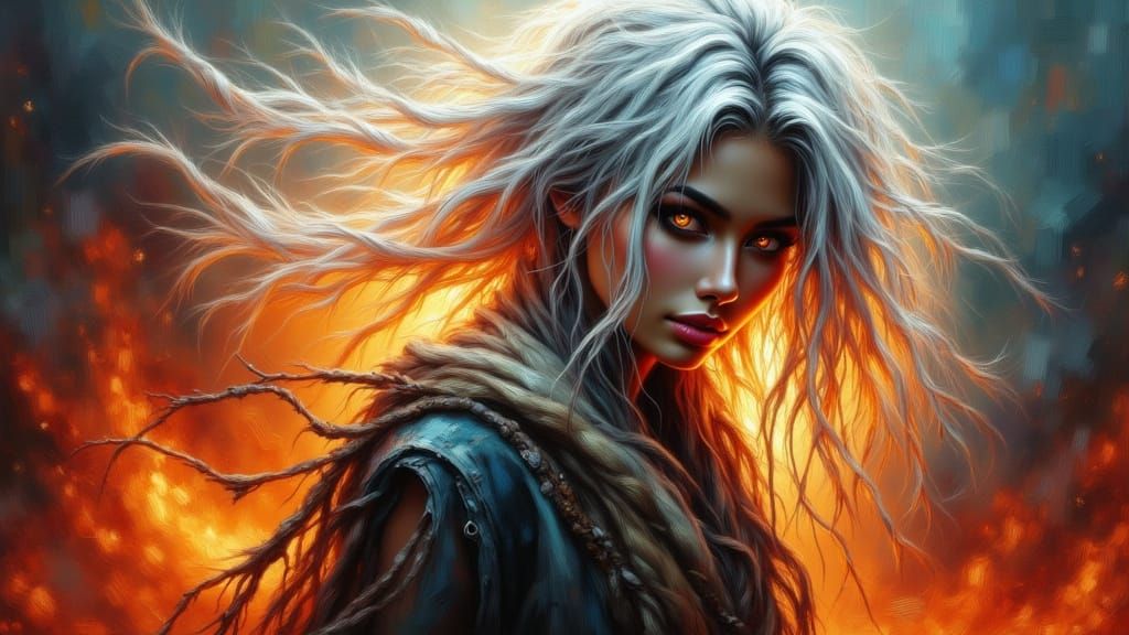 Fiery Woman Amidst Flames in Dark Futurism Style