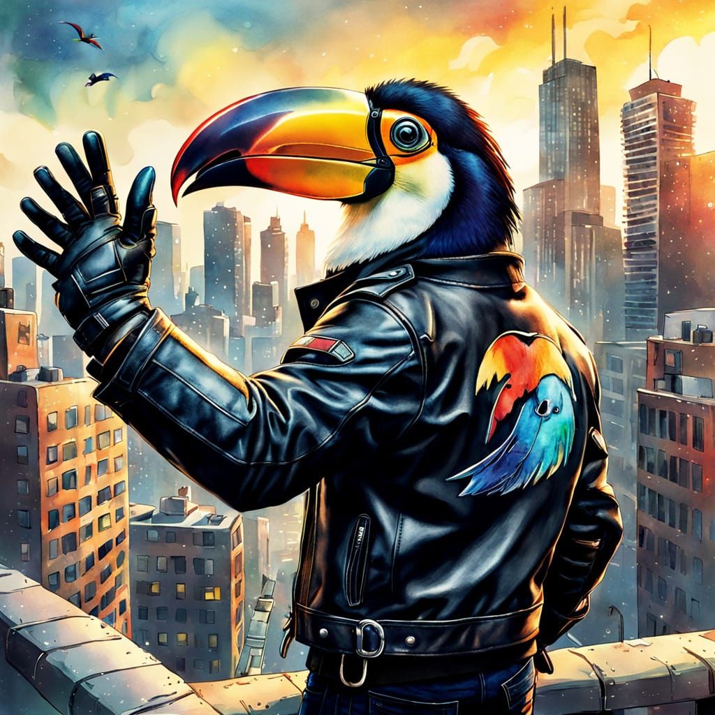 Badass Toucan Biker in Comic Book Watercolor Style
