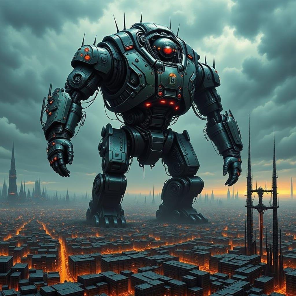 Giant Robot Towers Over Cyberpunk Cityscape