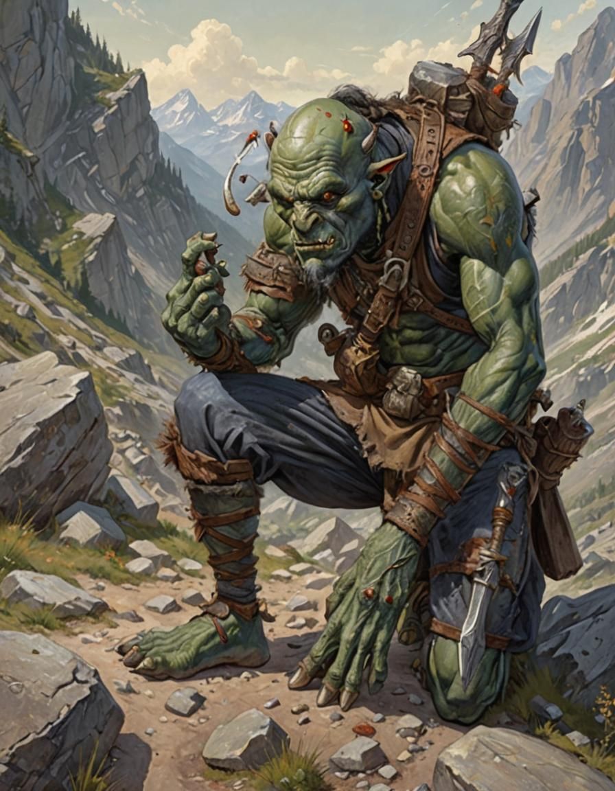 Sinister Orc Sniffing on Rocky Mountain Path