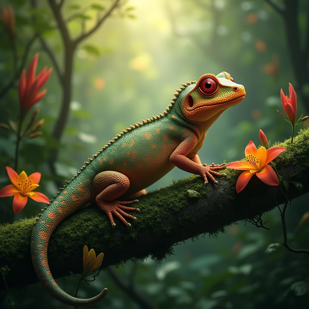 Luminous Rainforest Reptile in Art Nouveau Style