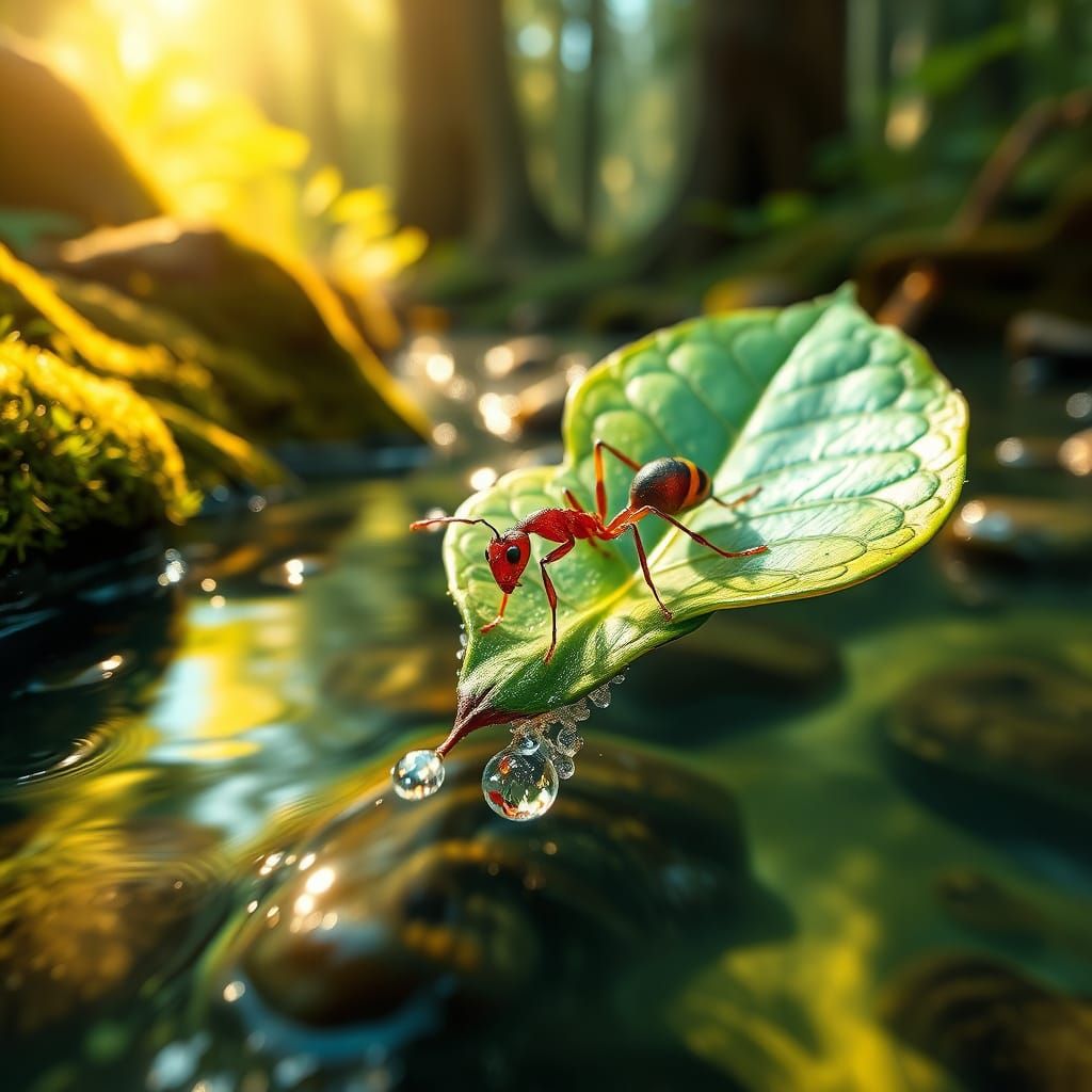 Intricately Detailed Ant Rides Emerald Leaf Down Serene Stre...