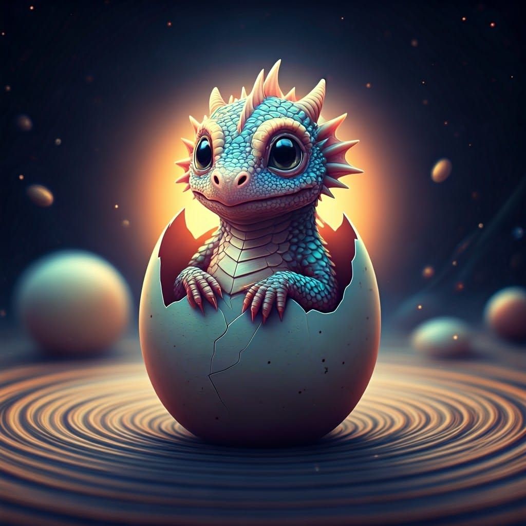 Iridescent Baby Dragon Emerges in Cosmic Haze