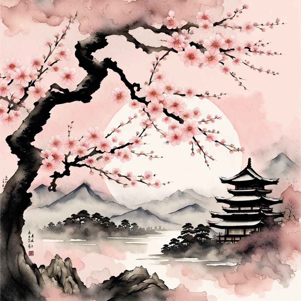 Sakura Tree with Sumi-e Calligraphy in Watercolor Style