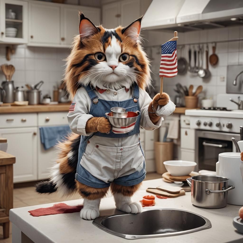 Anthropomorphic photograph of a long haired calico cat, wash...