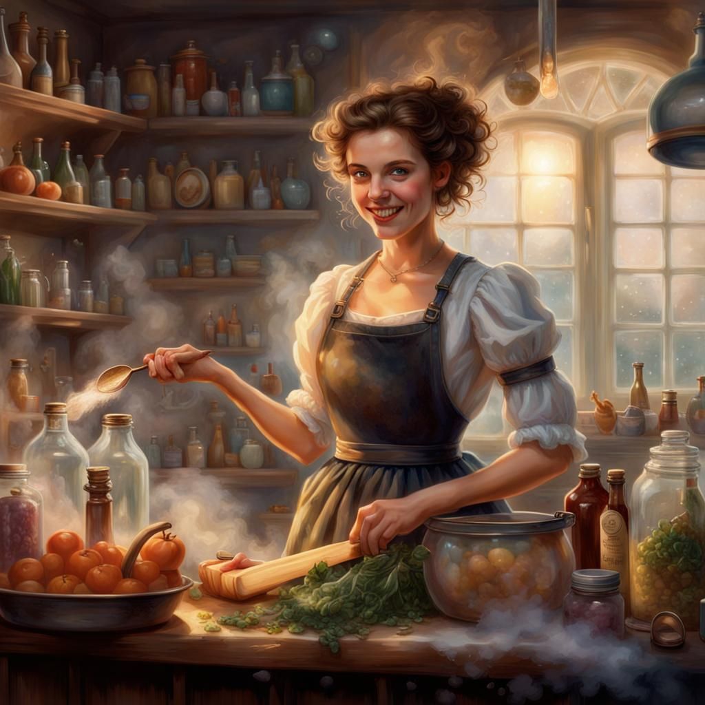 Retro Kitchen Witch with Magic Wand, Ethereal Fantasy