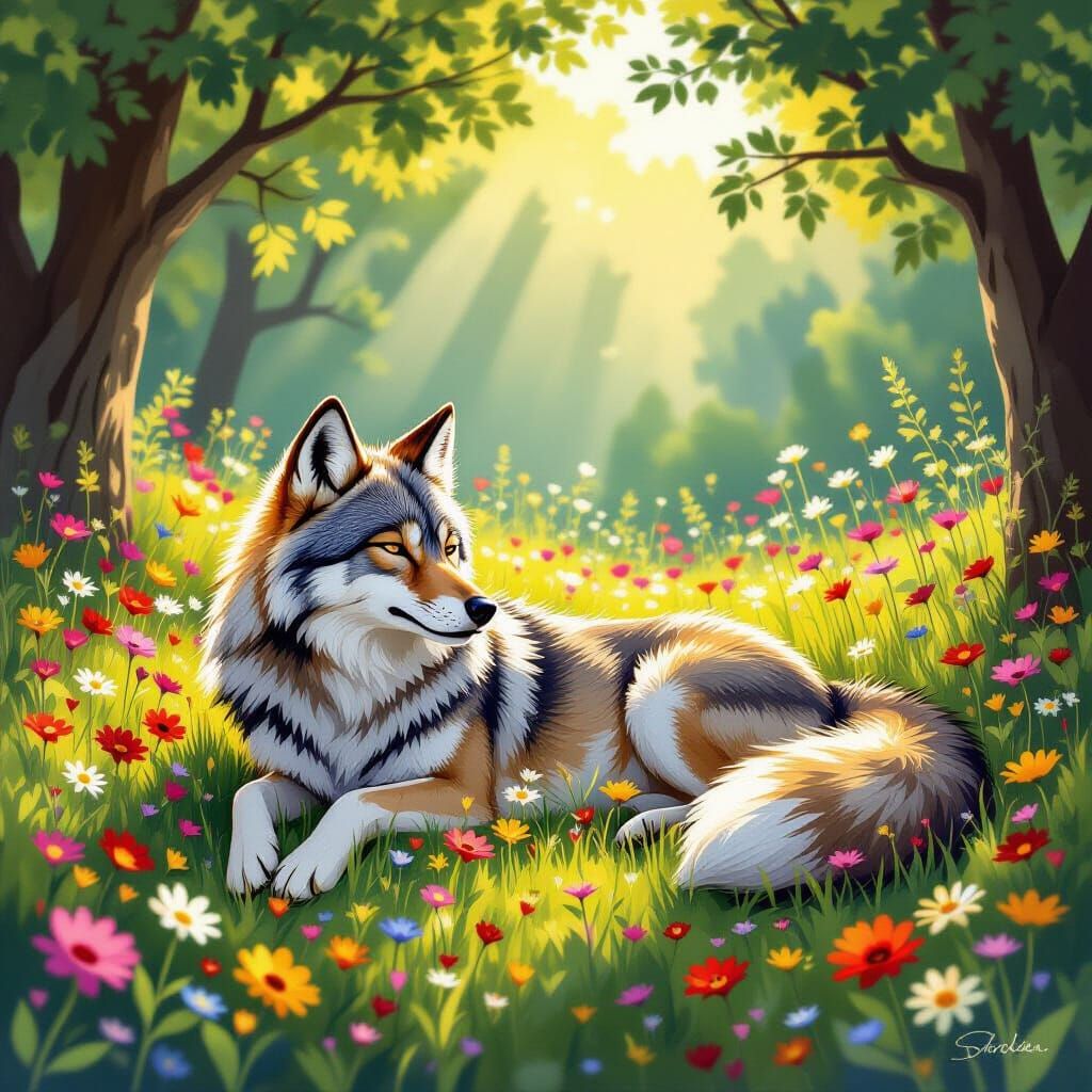Wolf with Fox Tail Rests in Sunlit Wildflower Meadow