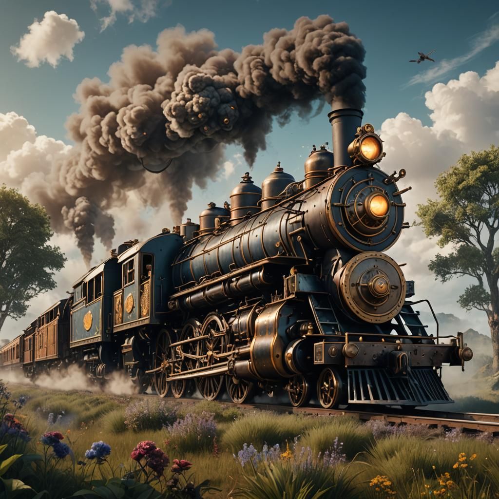 Steampunk Locomotive in Prairie: Detailed Matte Painting