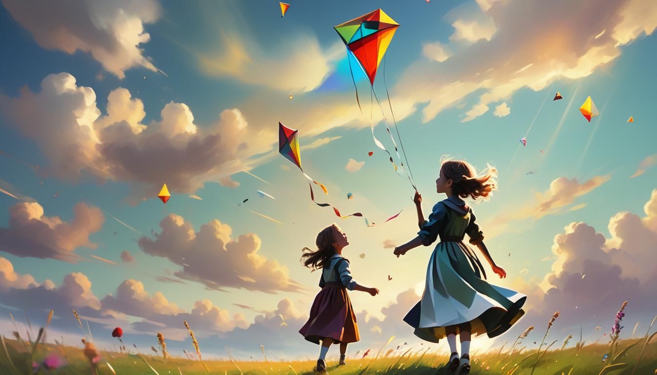 Girl Flying Kite in Golden Meadow: Low-Poly 3D Art