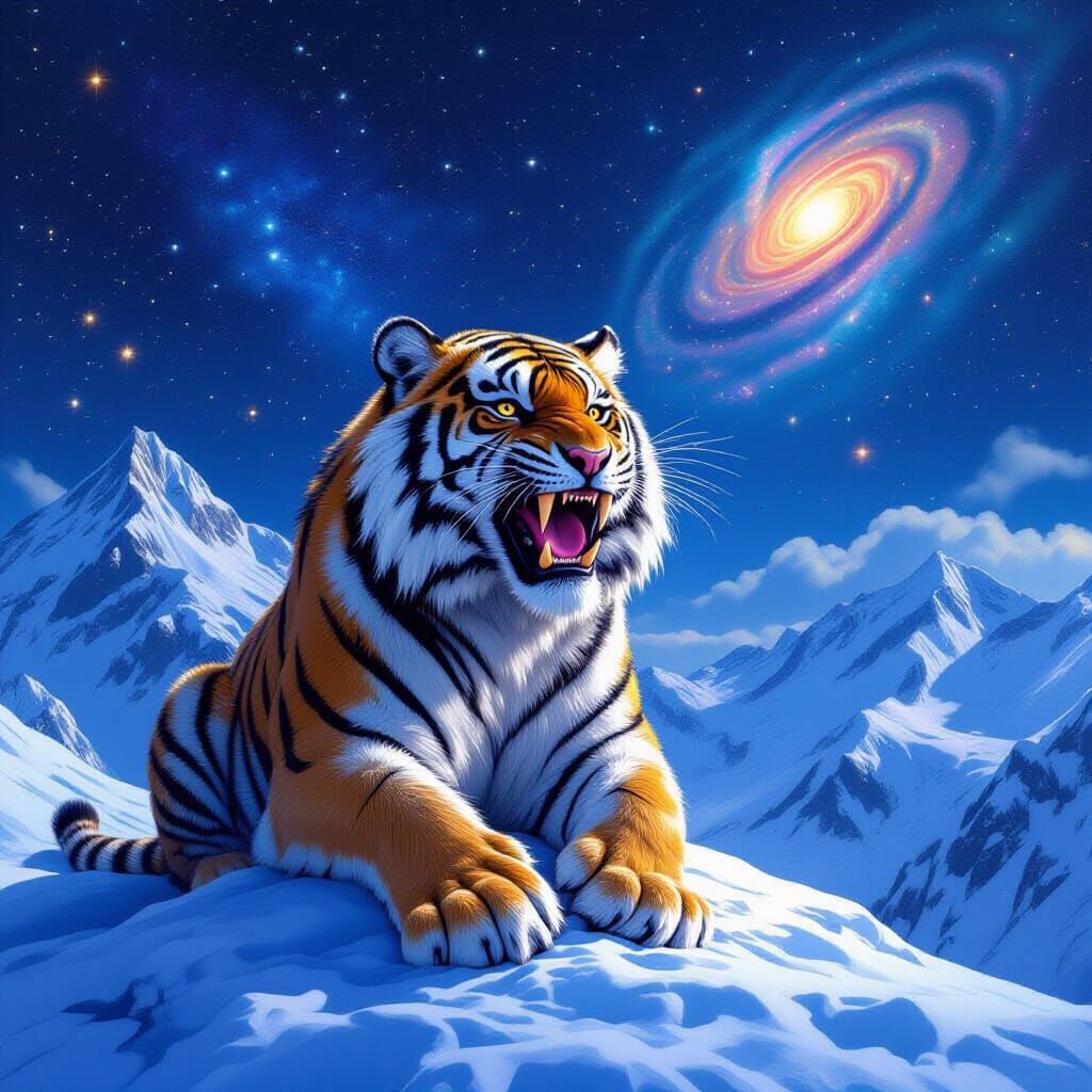 Sabertooth Tiger Under Starry Sky in Hyper-Realistic Style