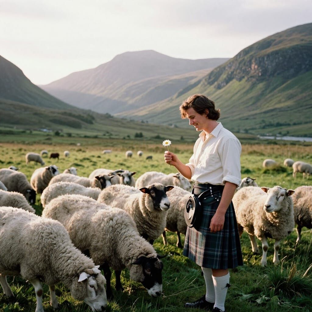 Scottish Highlands Morning with Shepherd and Sheep