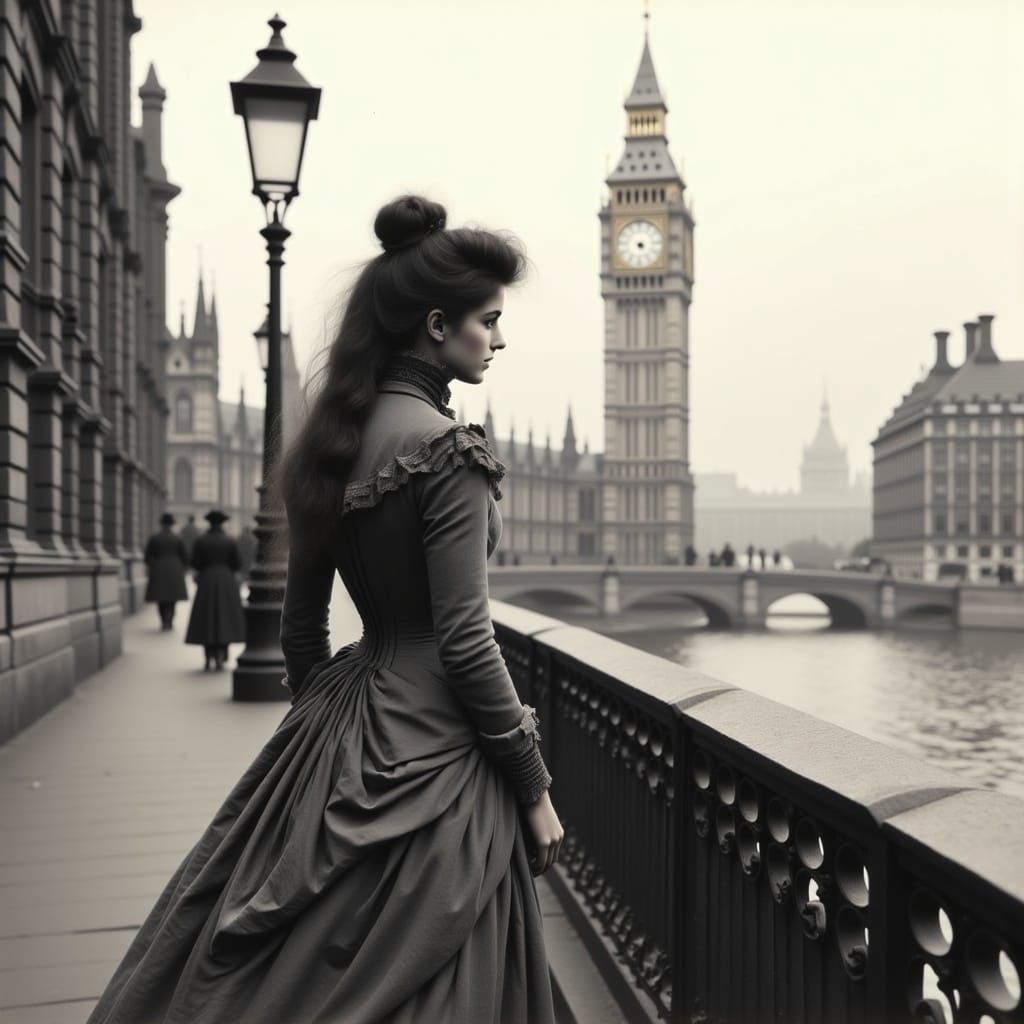 Woman in Foggy London, Cinematic Black and White Photo