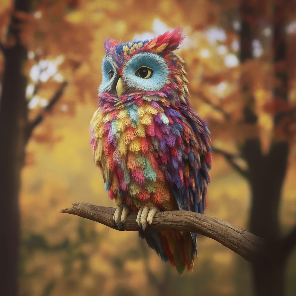 Colorful 3D Owl on Branch in Autumn