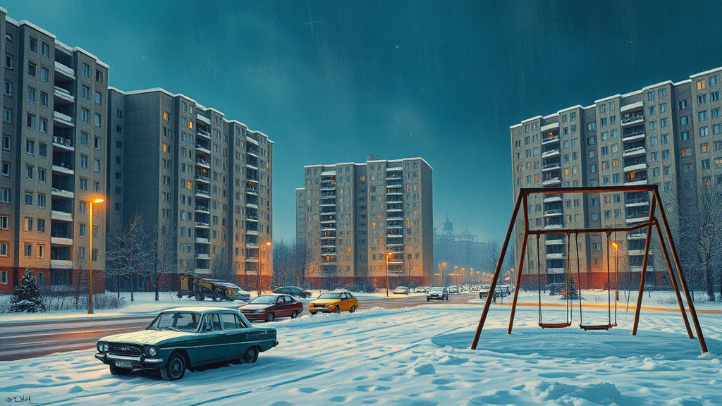 Soviet Winter Cityscape in Oil Painting Style