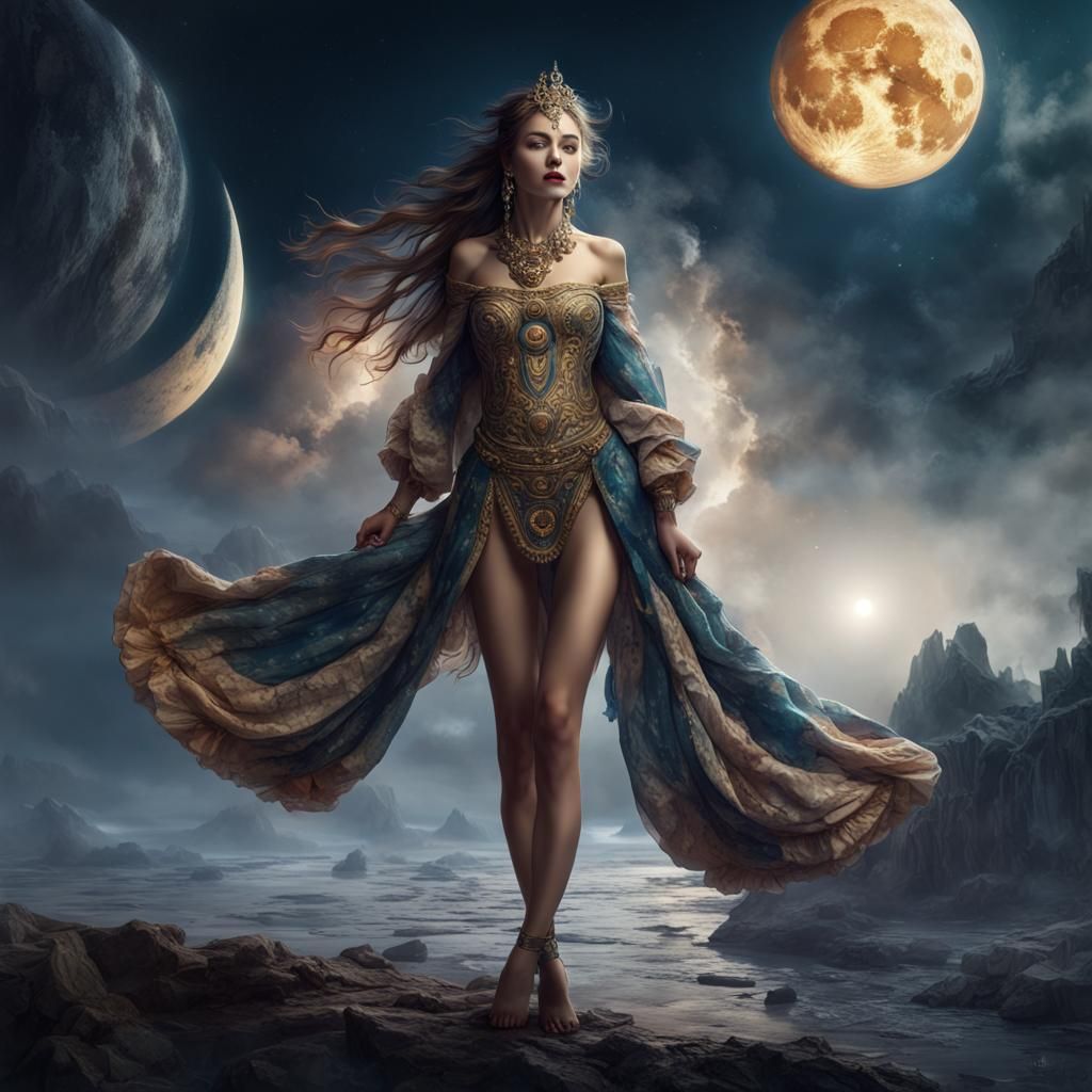 Elegant Woman in Moonlit Fantasy Realm