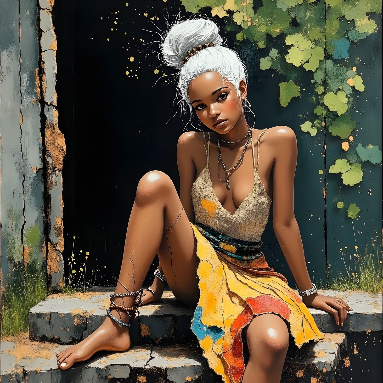 Impasto Portrait of a Regal African Warrior in Moonlit Fores...