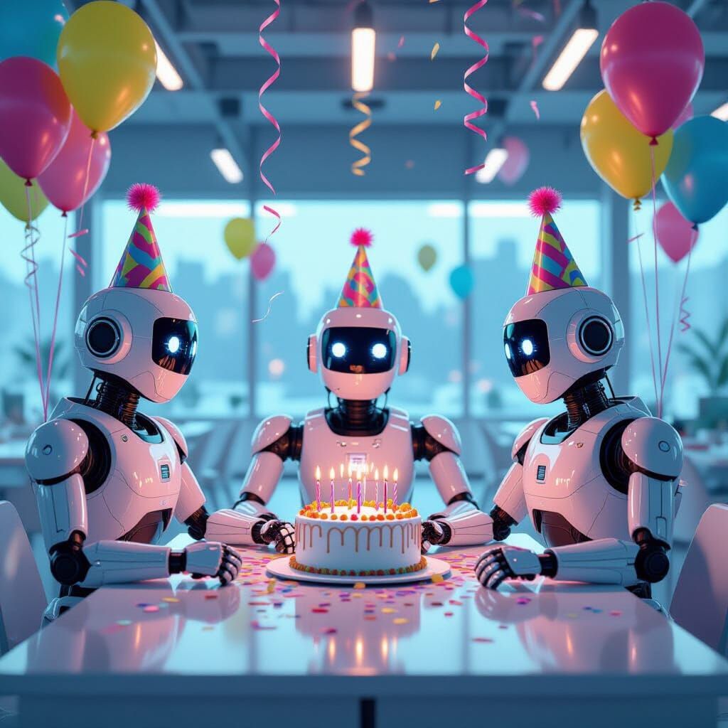 Robots Celebrate Birthday in Cyberpunk Style