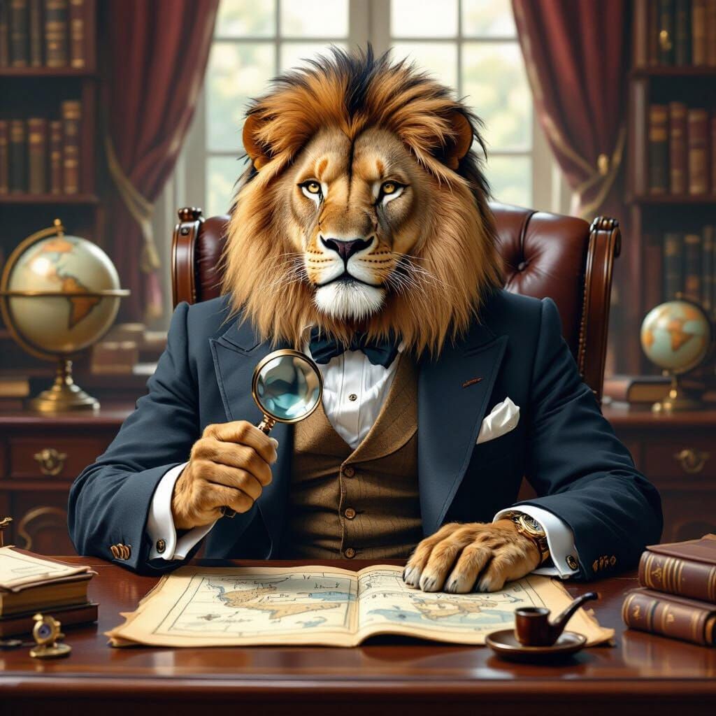 Victorian Lion Gentleman Studying Maps