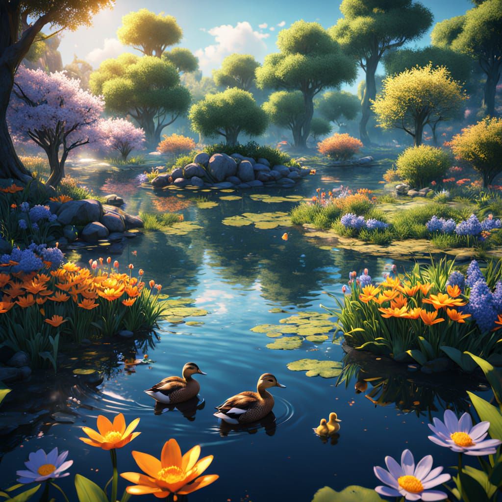 Whimsical Springtime Wonderland with Mother Duck and Ducklin...