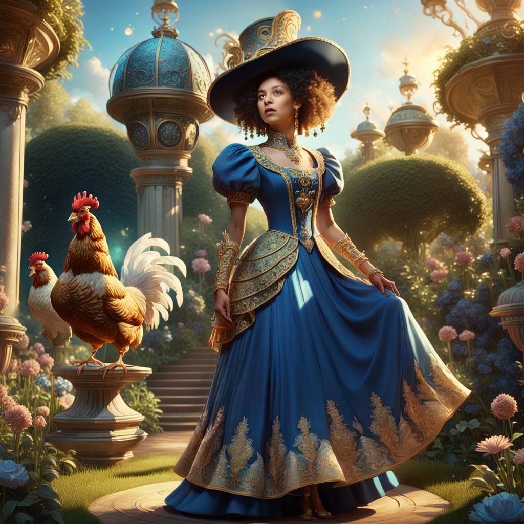 Fantasy Garden Scene: Lady Listens to Chicken