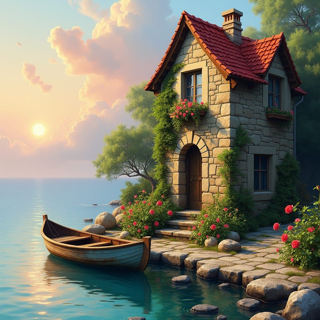 Quaint Stone Cottage by the Sea at Sunset