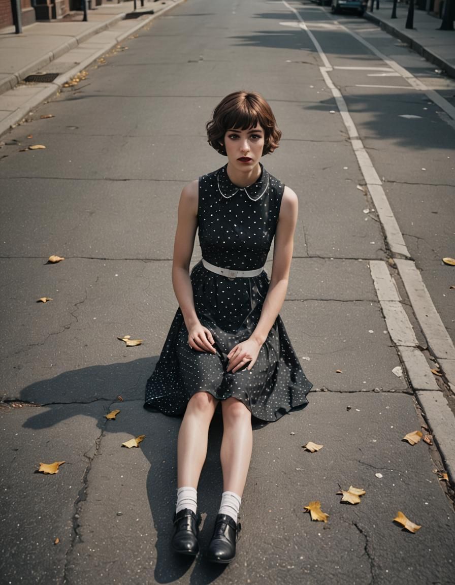 Crossdressing Teen in Polka Dot Dress on Sidewalk