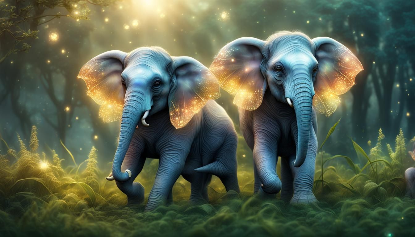 Ethereal Elephant Fairies in Holographic Style