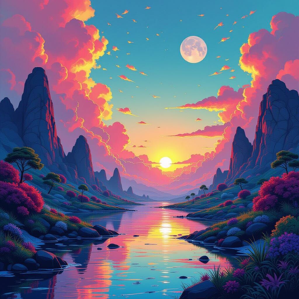 Dreamlike Scene with Surreal Textures and Vibrant Colors