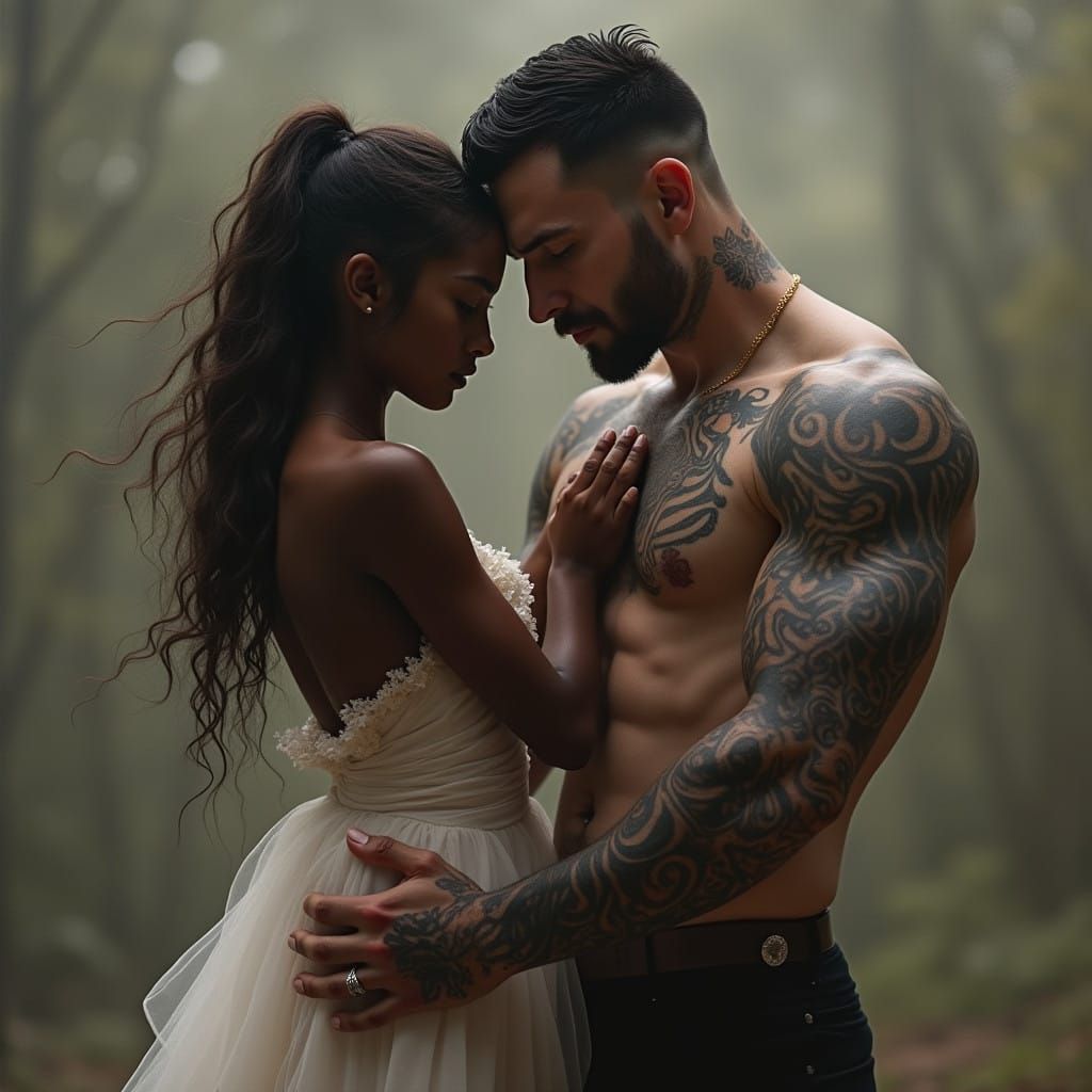 Tall, Tattooed Protector Holds Innocent Ebony Woman Close