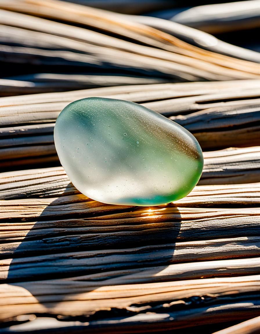 Frosted Seaglass Pebble on Driftwood Log