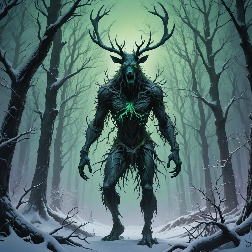 Wendigo in Snow-Covered Forest: Dark Fantasy Concept Art