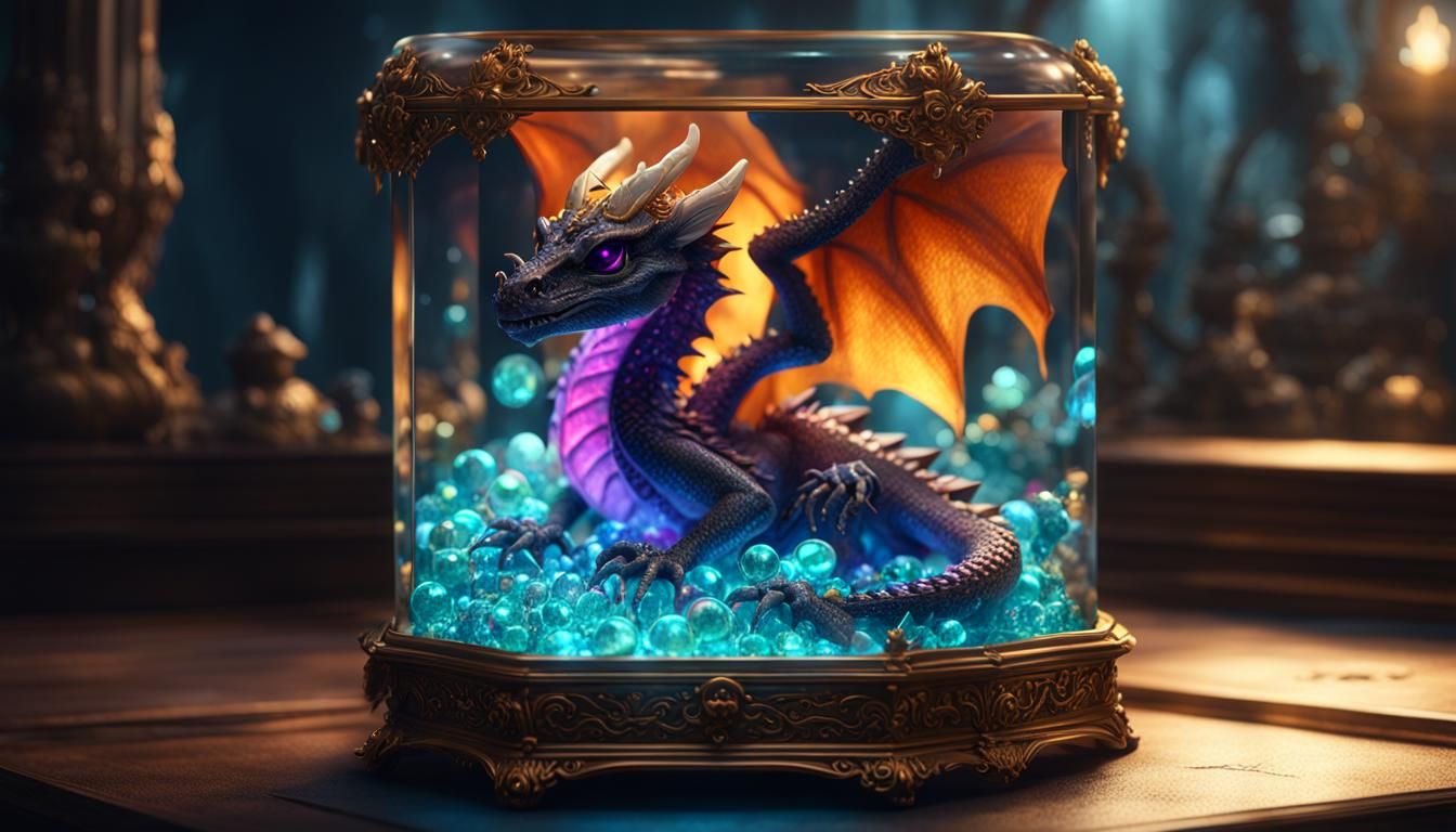 Baby Dragon in Glowing Jewels, Detailed Fantasy Art
