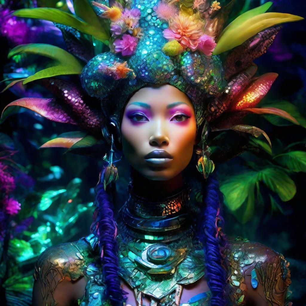 Biopunk Cyborg Mermaid Goddesses in Iridescent Jungle