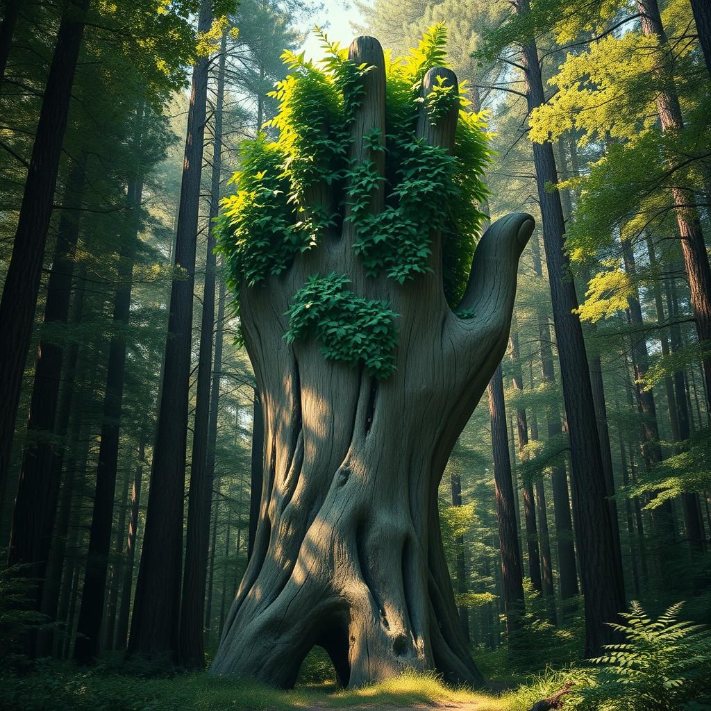 Giant Wooden Hand Emerges in Forest Scene