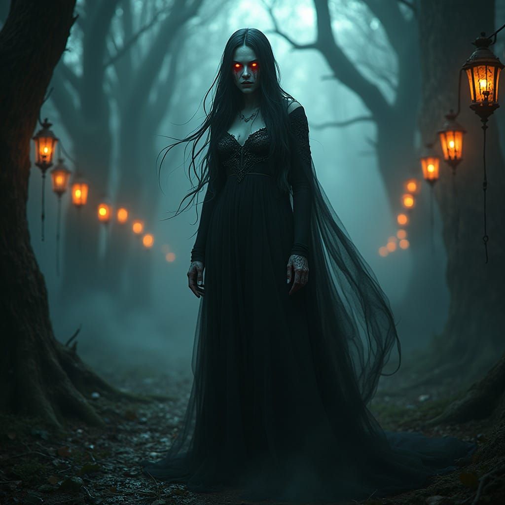 Ethereal Female Figure in Dark Fantasy Landscape
